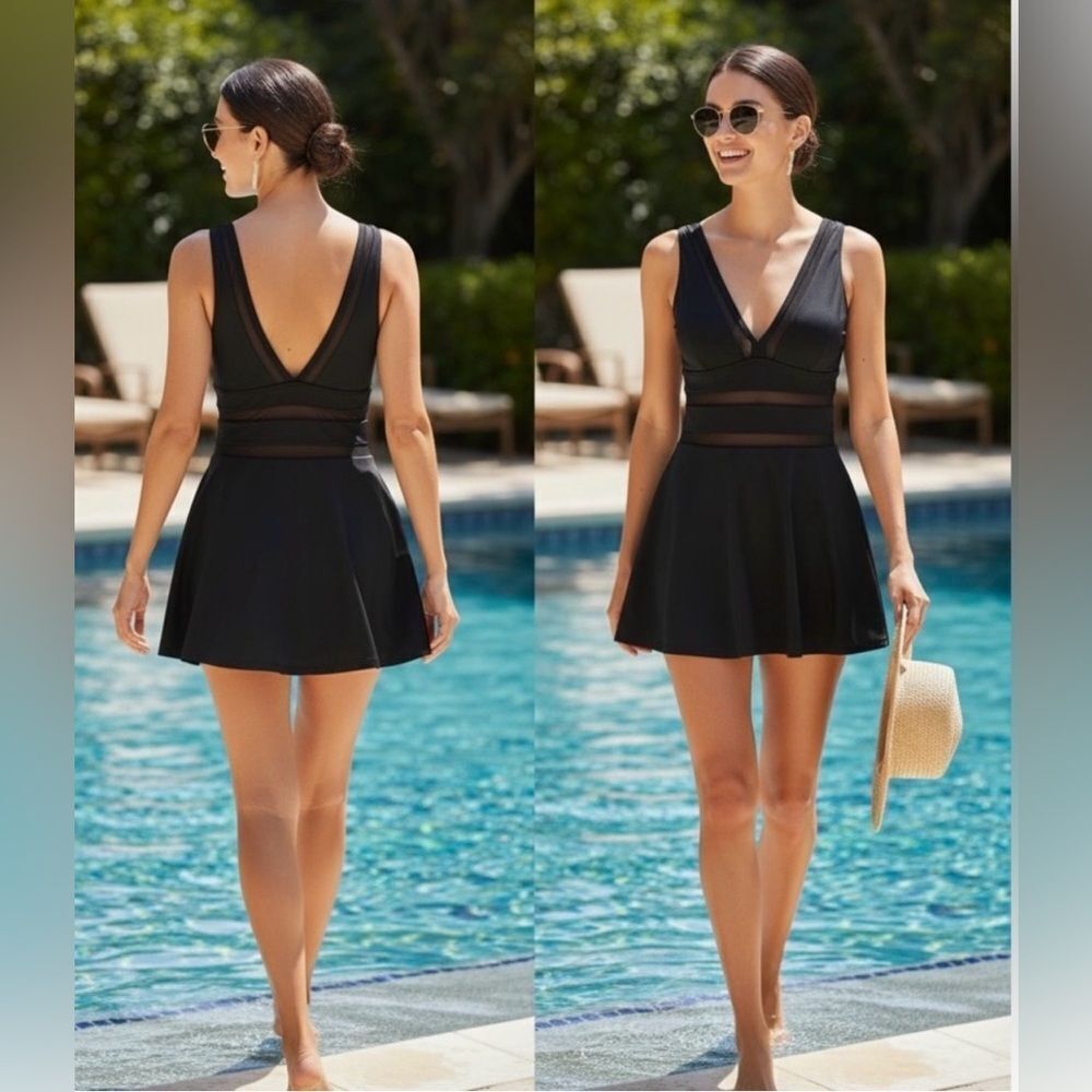Land's End Plus Standard Mesh V Neck Mini Swimsuit Dress one piece minimizer Var